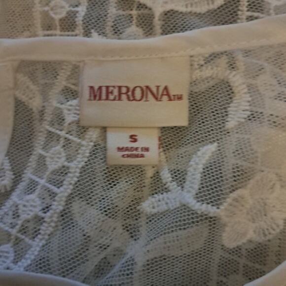 Merona Womens Tunic Short Sleeve Sheer Lace Top White Floral Sz S - Picture 4 of 4